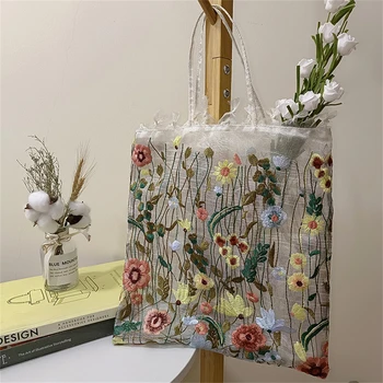 2023 Летни мрежести торбички за пазаруване с бродерия, Модни цвете обещаваща пътна чанта bolsas, еко-чанта с голям капацитет за жени