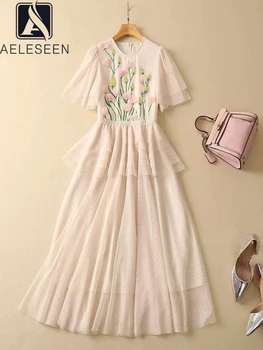 AELESEEN, дизайнерско модно лятна рокля, секси рокля с изгорени ръкави, окото цветна бродерия с пайети, 3D Апликация, благородна миди на парти
