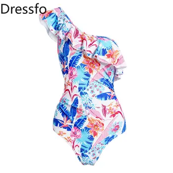 Dressfo Цветен цял бански с флорални принтом във формата на листа, бански костюми с едно рамо, мек плажен трико с волани, женски 2023