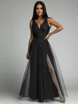 Gotoola 2023, Ново секси рокля с V-образно деколте, обтягивающее на талията, за отслабване, рокля с цепка, голяма люлка, блестяща рокля с кристали, с Висока талия, свободно темпераментное рокля