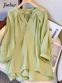 Jielur, лятна новата реколта тънка дамска блуза, однотонная дамски свободна модни дантела блуза с V-образно деколте, основна дамска блуза