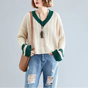 Johnature 2023, нови ежедневни дамски пуловери с V-образно деколте и дълъг ръкав в стил мозайка, есен-зима, без пуловер, прости пуловери