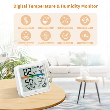 MIIIW Сензор за температура и влажност на въздуха, часовници с осветление, спалня, детска, дигитален температурен монитор, машина за висока точност на сензора дома си живот