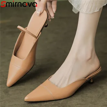 Smirnova /Новост 2023 г.; дамски джапанки-джапанки от естествена кожа с остри пръсти; дамски обувки на тънък среден ток; модни дамски летни модерни чехли;