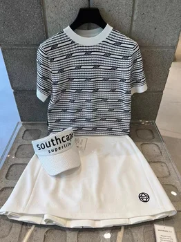 SOUTHCAPE Golf Женска тениска с къс ръкав 2023, Лятна Мода, Вязаный топ в ивица с кръгло деколте, Спортен Дишаща Трикотаж SC Golf