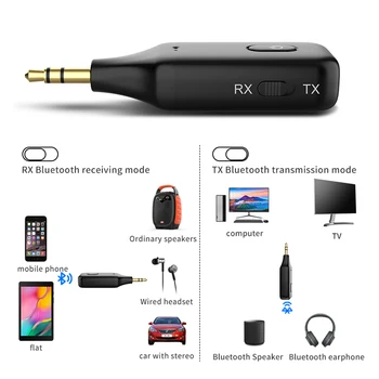 Безжична радиостанцията 2-в-1 Bluetooth 5.1, адаптер за предавателя, конектор 3.5 мм, авто музикален аудиомагнитофон Aux A2DP, прием на слушалки