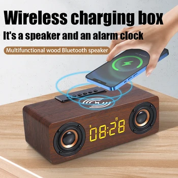 Бързо Безжично Зарядно Устройство Дървена Безжична слушалка Bluetooth alarm clock Субуфер с 3D Стерео Boombox Звукова Панел за Компютъра на Телевизора