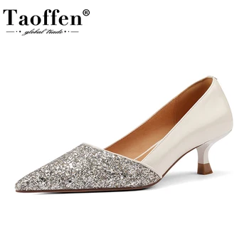 Дамски обувки-лодка Taoffen размер 33-40, 2023, лъскава лоскутная обувки от естествена кожа, дамски модни пикантен дамски обувки за партита