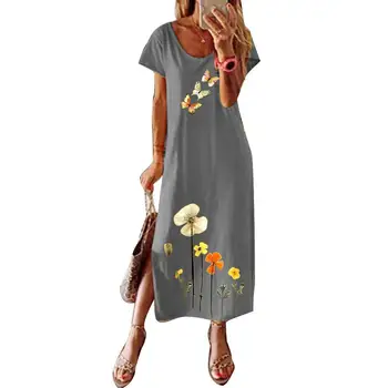 Жена ежедневното свободно дълга рокля с къс ръкав и цветна принтом във формата на пеперуда и намаляване на дъното