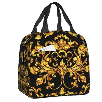 Златен бароков цветя модел на Изолирано чанта за обяд, за къмпинг, за Пътуване на Европейския художествен охладител Термален обяд-бокс Жени Деца