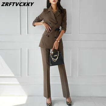 Корейски есенно-зимния комплект от 2 теми, дамски тънък яке, палто + прости панталони с висока талия, случайни прости офис женски брючный костюм