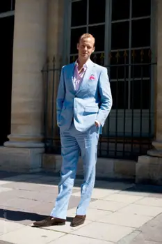 Мъжки костюми с изрезки на Лацканах и две копчета цвят на Небето-Синьо Geod, Модерен Офис Сватбен Бизнес блейзър, Костюми на Младоженеца за шаферов (Яке + Панталон + Носни кърпички)