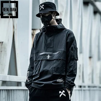 Мъжки модни hoody с качулка Hi Street Harajuku, hoody в стил хип-хоп, функционална тактическа връхни облекла-карго, Връхни дрехи със светлоотразителни джобове