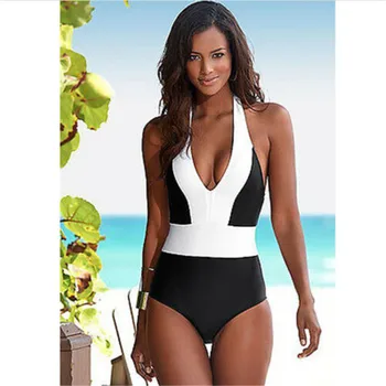 Новият едно парче бански, дамски секси плажни дрехи на бретелях, бразилски бански костюми, черен, бял, в стил мозайка, повдигащ, женски монокини