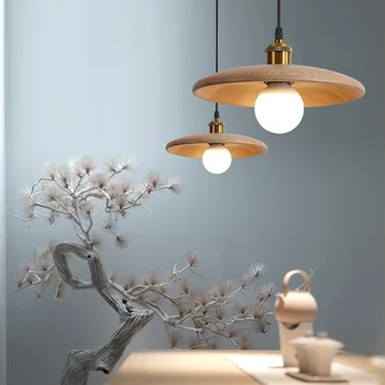 Окачен лампа от масивно дърво в скандинавски стил, Декоративни Лампи от масивно Дърво, Персонално Творческо изкуство, Окачена лампа, малка странична масичка за ресторант, бар E27