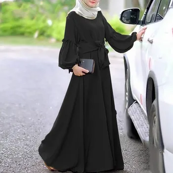Свободно однотонное женствена рокля с дълги ръкави и накъдрен, с висока талия, халати, абайи, S-XXL, мюсюлманска модни дамски дрехи