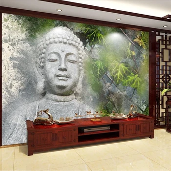 тапети wellyu по поръчка ръчно рисувани главата на Буда, листа от гинко, стена в хола, голяма фреска на поръчка, зелени тапети, стенопис