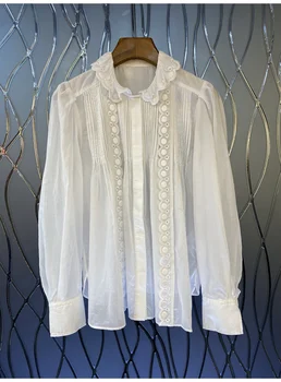Тениски от 100% памук 2023, пролетно-летни блузи, Дамски ежедневни бели Ризи с изящни бродерии и дълъг ръкав, дамски Свободна риза OL