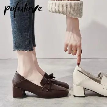 Тънки обувки от мека кожа Pofulove, женски обувки на средно гъст обувки с квадратни пръсти, обикновена кожени обувки с лък, дишащи на едро