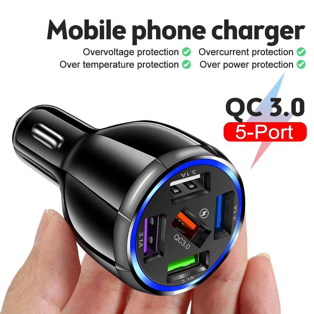 QC3.0 15A 5 портове USB, зарядно устройство, автоматично, Бързо зареждане, адаптер за кола за Xiaomi Redmi Huawei, автомобилна електроника