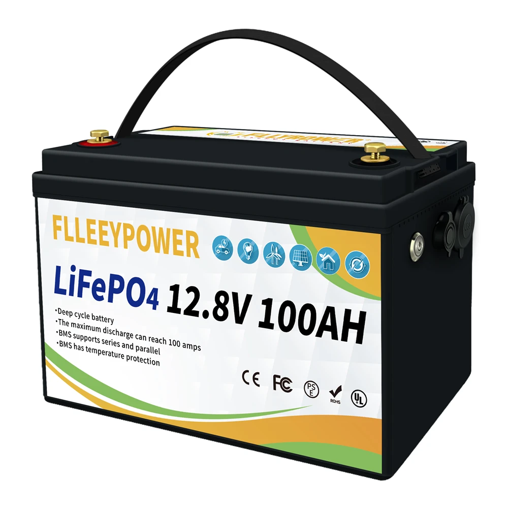 Батерия FLLEEYPOWER 12V 100Ah LiFePO4 с дълбоки цикли на работа с BMS за тралене, мотор, Слънчева караванная география, Морска