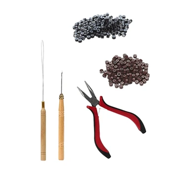 1 Набор от инструменти за удължаване на косата, битумен кука, на жени и 200 броя Черни 5 мм силиконови линии с микро-пръстени, мъниста, връзки