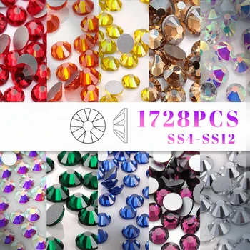 SS4-SS12 1728шт, 10 цвята, стъклена смола, кристали, кристали, декоративни стикери, аксесоари за шиене на нокти и декорация на тъкани
