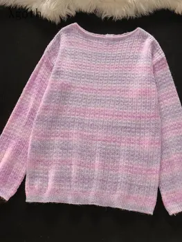 Xgoth Кавайный Розово Лилав пуловер, дамски пуловер с кръгло деколте в стил Хай стрийт в стил пънк, без трикотажный яке в стил ретро, скъпа жилетка за момичета