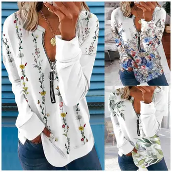 Дамски Летни тениски в пасторальном стил, блуза с дълъг ръкав, тениски, дамски тениски с цип с цветен печат и дигитален печат, hoody