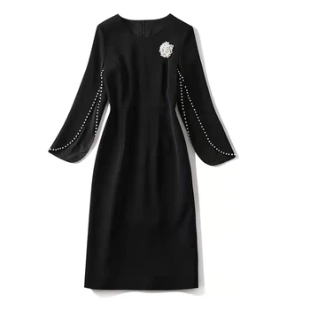 Европейската и американската дамски дрехи есен-зима 2022, нов дъждобран с дълги ръкави и тежки мъниста, модерно тънката рокля