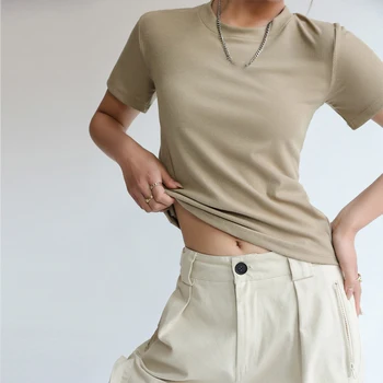 Летни дамски тениски, обикновена тениска в рубчик с кръгло деколте, свободни ежедневни корейски стилни върховете на бретелях, основни тениски, пролетни тоалети C4926
