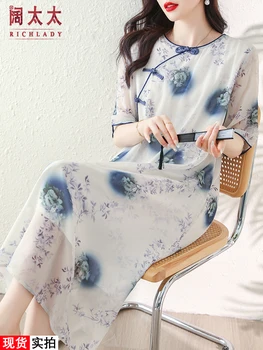 Летни изделия богата жена от чиста коприна с принтом Националния вятър, восстанавливающего древни пътища, по-Големи размери, женствена рокля в китайски стил