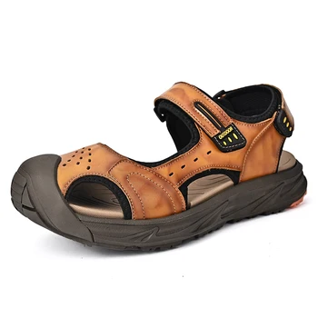 Лятна мода мъжка плажна обувки от телешка кожа, удобни нескользящие модни сандали със защита от сблъсък