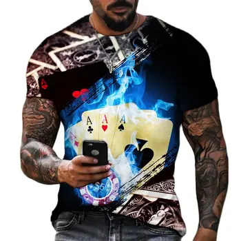 Лятна тениска Оверсайз, мъжки модни дрехи, ежедневни облекла в стил харадзюку, хип-хоп, покер, 3D принт, реколта модни блузи с къс ръкав