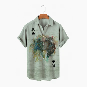 Модерна мъжка риза с игральными карти, лятна ежедневни етническа риза с къси ръкави, на ревера, ретро мъжки хавайска риза, ежедневни риза
