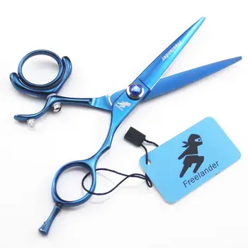 Професионални 5,5/6-инчов плосък ножица за подстригване на коса, въртяща се дръжка, ножици фризьорски салон, синьо покритие, лети ножици, ротация на 360 градуса