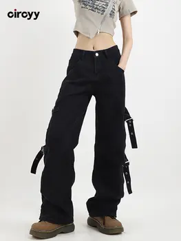 Черни Дамски Дънки с висока талия, дънки 2023 г., застиранные дънкови панталони с копчета, Широки, тесни панталони, обзавеждане, градинска дрехи, пролетна мода