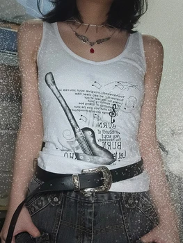 Эстетичная дамски градинска облекло в стил пънк, електрическа китара, бас, жилетка с пайети, реколта блузи без ръкави в стил Y2k, върховете на 2000-те, E-girl