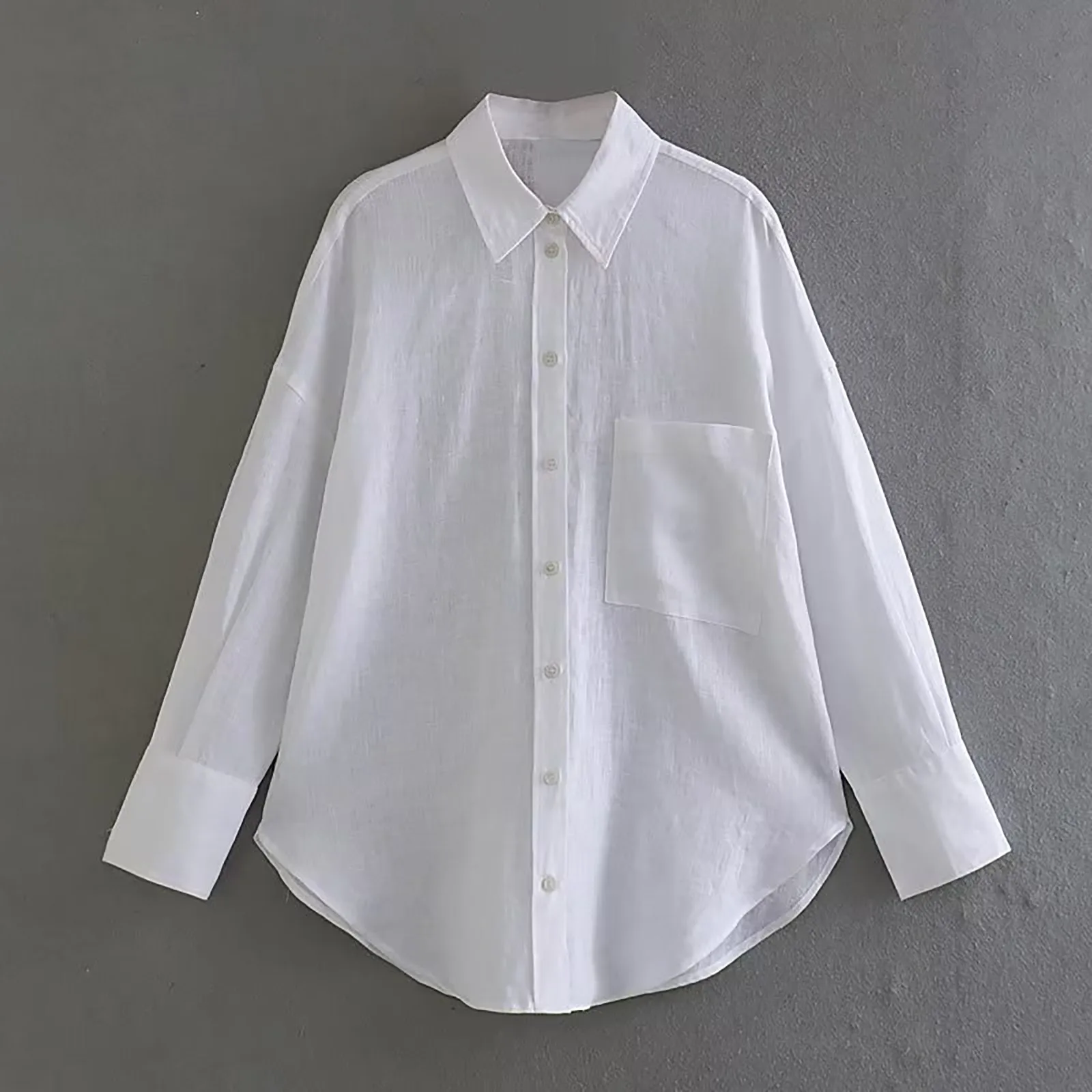 Дамски ленени ризи в голям размер, с джобове, реколта мода на копчета с дълъг ръкав 2023, летни дамски блузи, шик върховете