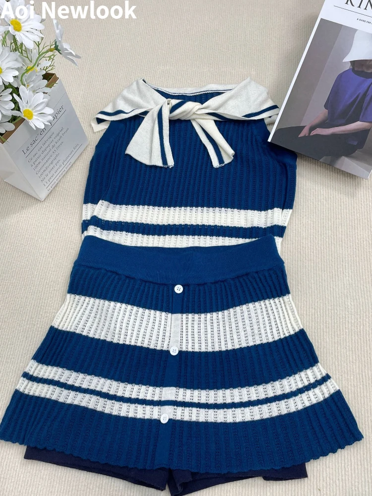 Женски костюм Aoi високо качество Y2k Vestidos, пролет-лято, нов случайни вязаный жилетка от спагети, жилетка, Панталони, комплект