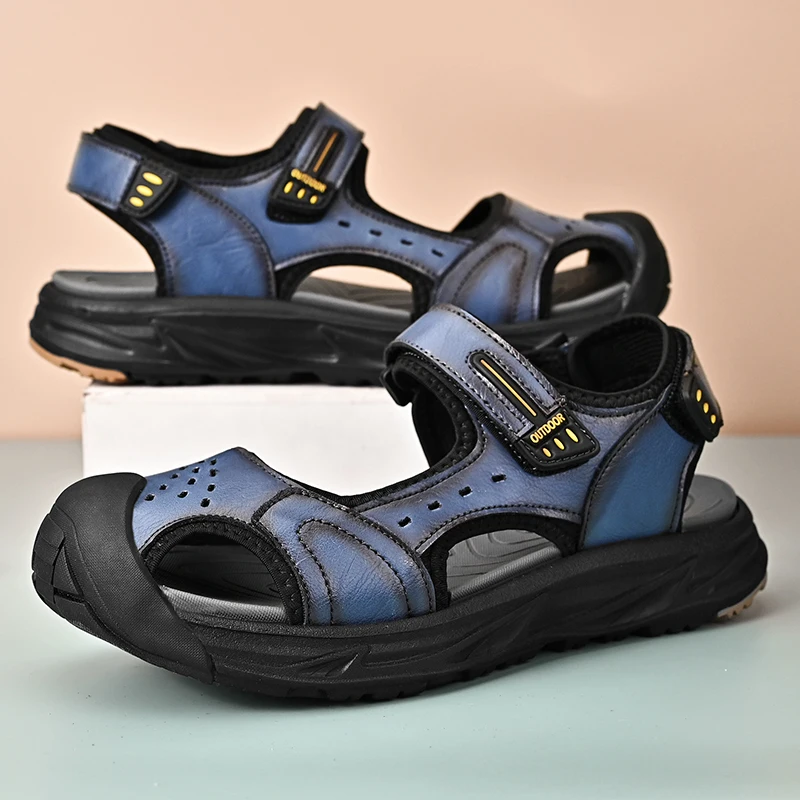 Лятна мода мъжка плажна обувки от телешка кожа, удобни нескользящие модни сандали със защита от сблъсък